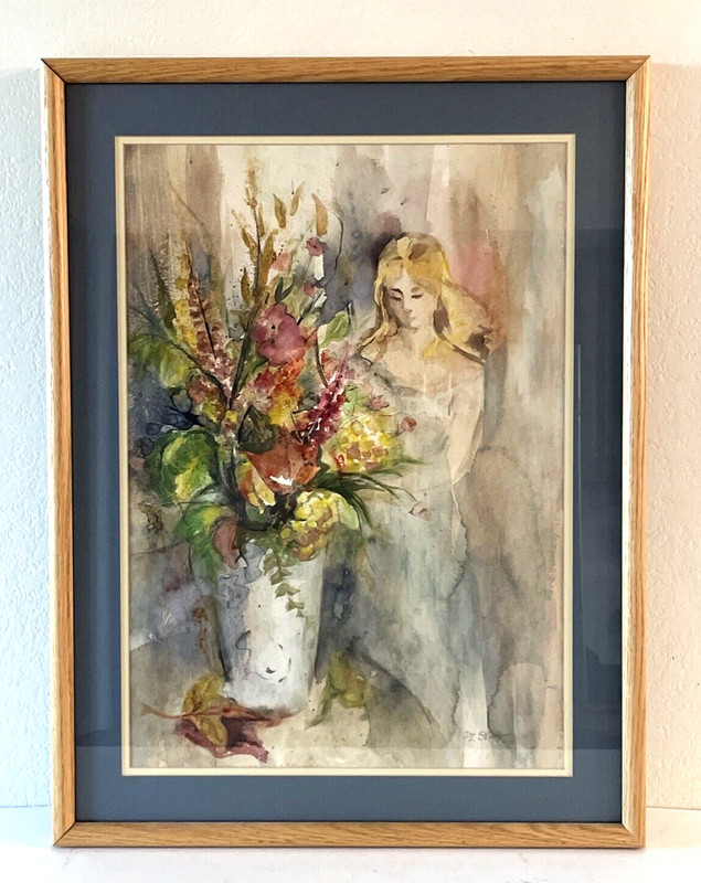 Vintage Original Watercolor Female Figural Painting Floral signed DZ Skuro
