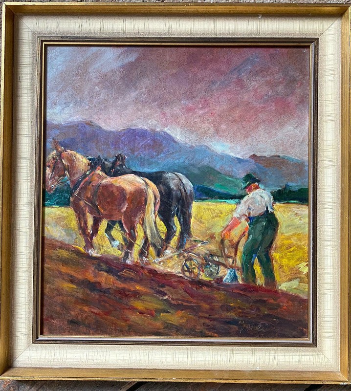 OIL PAINTING ILLEGIBLY SIGNED 1967 FARMER WITH PLOUGH AND HORSE, FRAMED