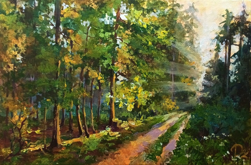 Original Painting Sunlight in the forest 20×30 cm. Morning Light, Impressionism.