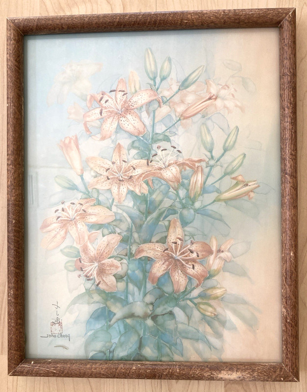Vtg Watercolor Painting Pink Lillies Flowers Picture Mini 11″ x 15″ Signed