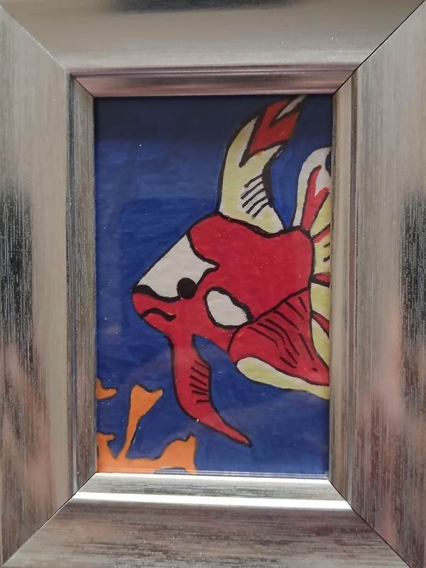 Abstract Framed Fish Painting, Small Nautical Artwork, Single Piece Wall Art