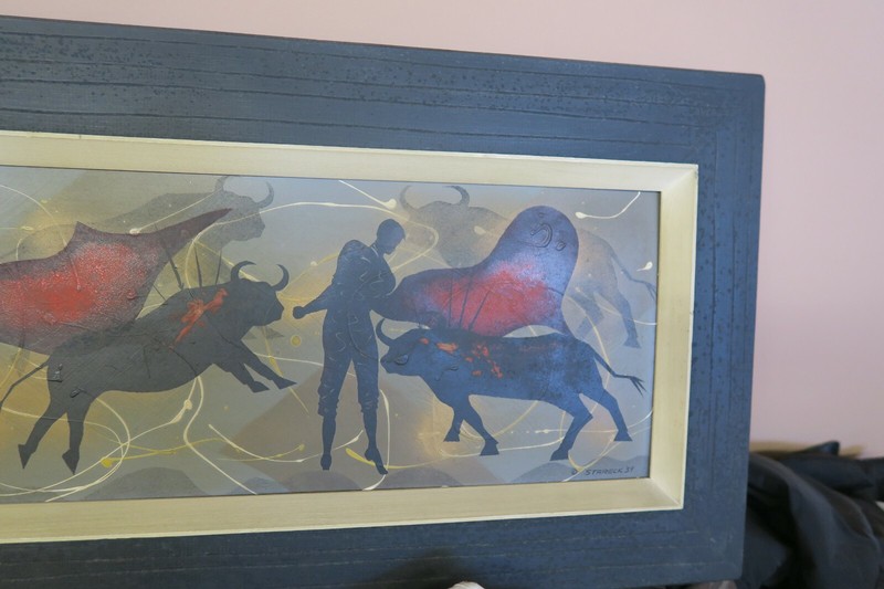 SIGNED EDGAR STARECK 1959 BULLFIGHT COWS OIL ON BOARD PAINTING 11.5" x 39.5" gallery
