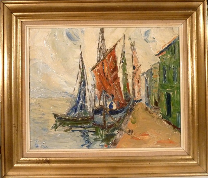 MONOGRAM SIGNED! SCENERY FROM A SMALL FISHING HARBOR