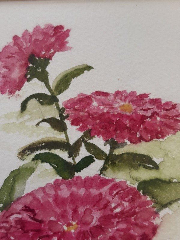 Set of Watercolor Paintings Pink Dahlias Blue Cornflowers Framed Signed 12x9.5” gallery