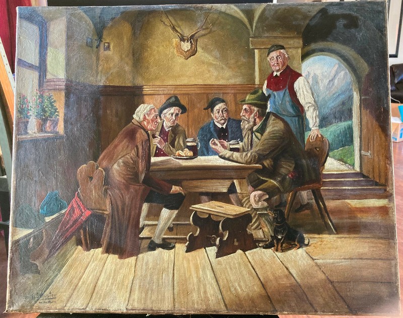 VERY OLD SIGNED ???? SCHUSTER OIL ON CANVAS nailed to stretcher