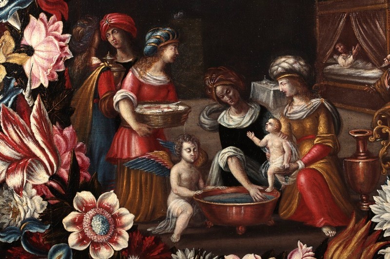 17th CENTURY LARGE DUTCH OLD MASTER OIL CANVAS , Flowers, FIRST BATH OF CHRIST gallery
