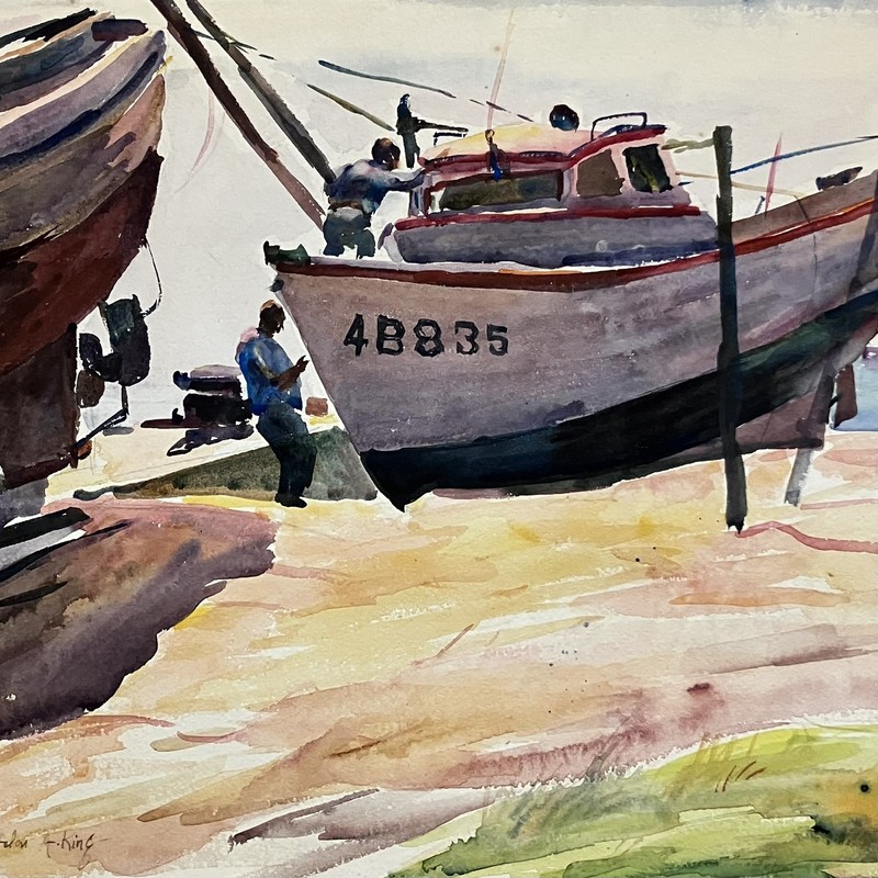 Listed HELEN A. KING (1900-77) Watercolor / BOATS & FISHERMEN / Matted To 21×27