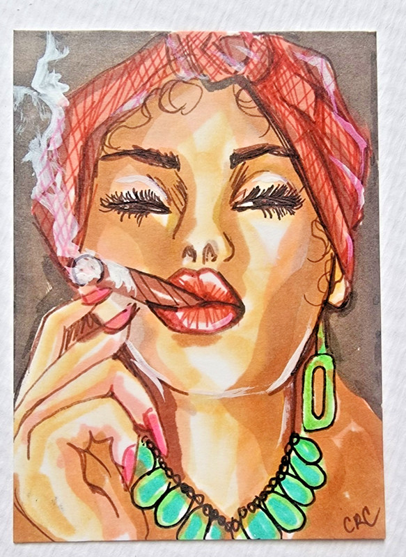 ACEO original WOMAN and CIGAR abstract miniature painting art card by CRC