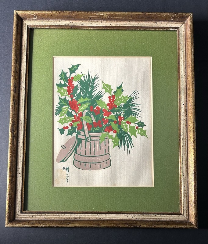 Vtg Christmas Watercolor Holly Pine Basket Gold Frame 10.5 “x 9″ Signed B Miller