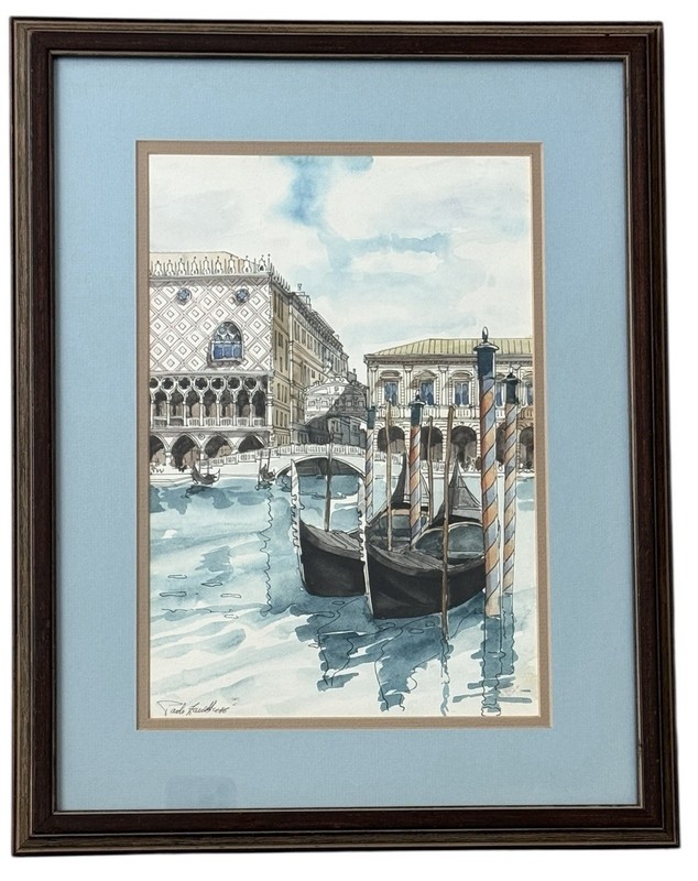 ITALY VENICE VENETIAN CANAL WATERCOLOR PAINTING, Signed, Matted & Framed