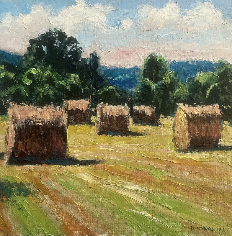 Summer Field with Hay Bales – Original Oil Painting by Mario Idkowiak
