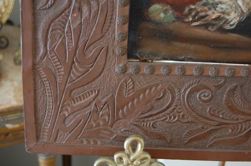 VTG ORIGINAL OIL SIGNED AYDA 67 TOOLED LEATHER FRAMED FOOD CONDIMENT STILL LIFE gallery