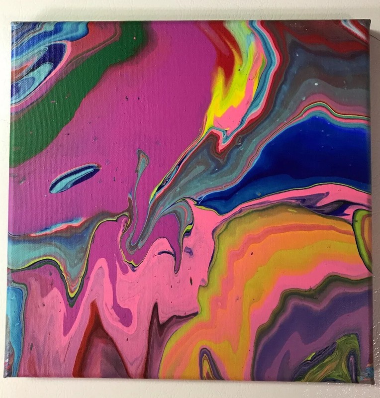 Original Acrylic Pour Painting Abstract - Orange, Blue, Pink, Green 10x10 gallery