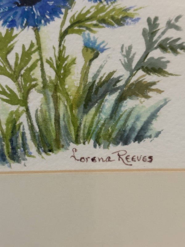 Set of Watercolor Paintings Pink Dahlias Blue Cornflowers Framed Signed 12x9.5” gallery