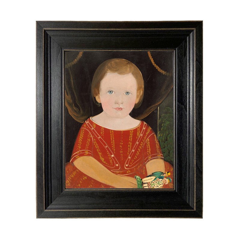 Primitive Boy in Red with Toy Framed Oil Painting Print on Canvas
