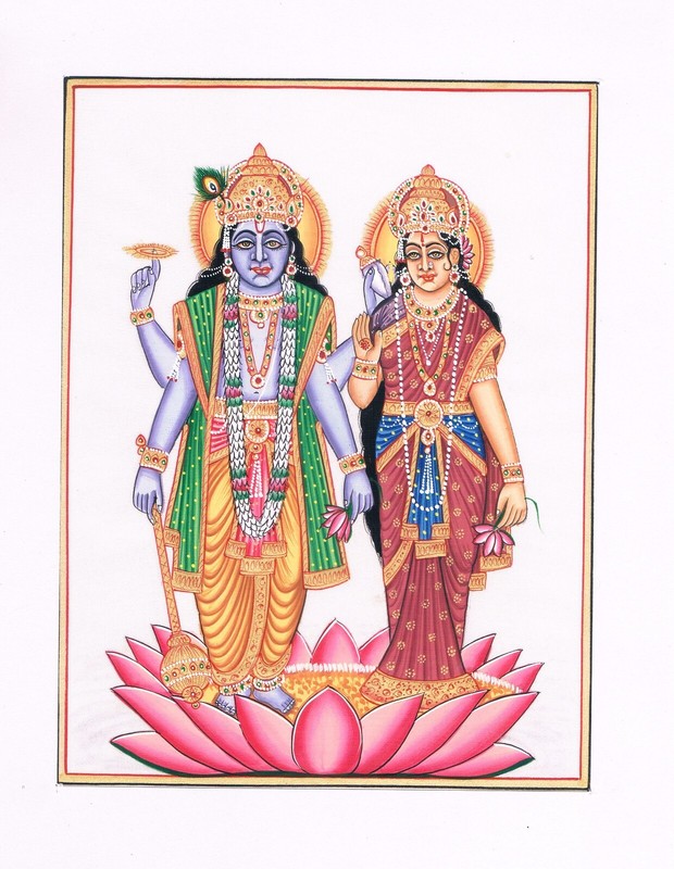 Indian Miniature Painting Of Lord Vishnu&Laxmi On Lotus 7.25×9.25 Inches