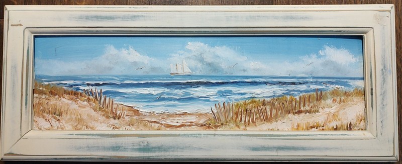 Vintage Acrylic on Board Painting Ocean Ship Beach NJ Signed Pat Maglione 20×8