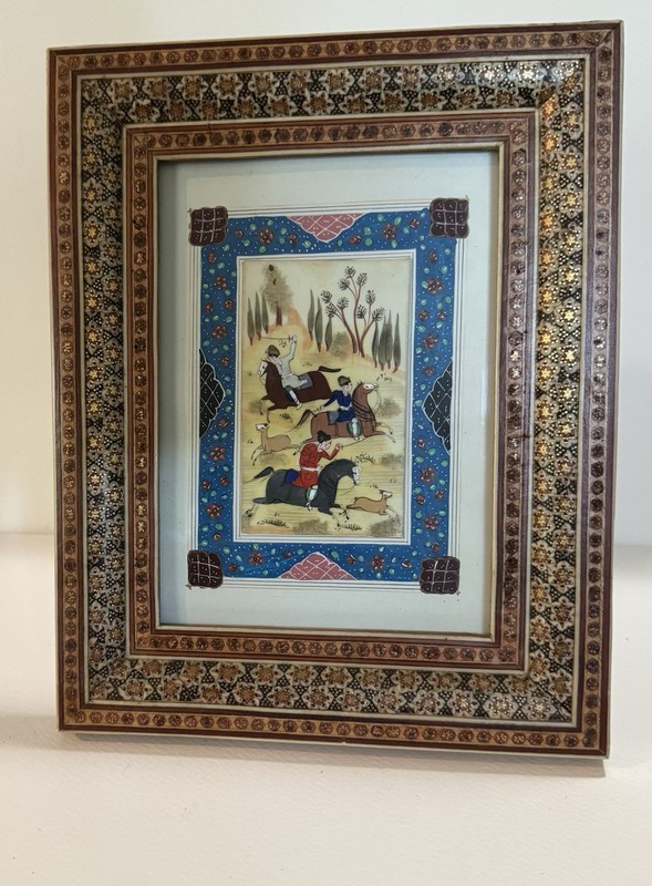 Vtg Persian Miniature Painting Royal Hunters Intricate Khatam Mosaic 8×10” Frame