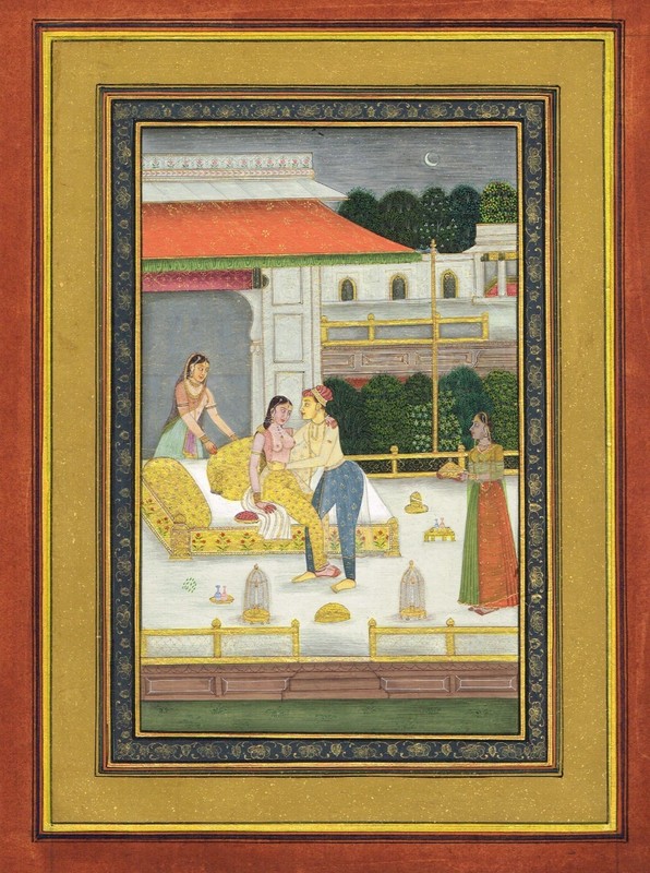 Indian miniature Painting Of Mughal King And Queen Love Scene On Terrace8.5X10.5 gallery