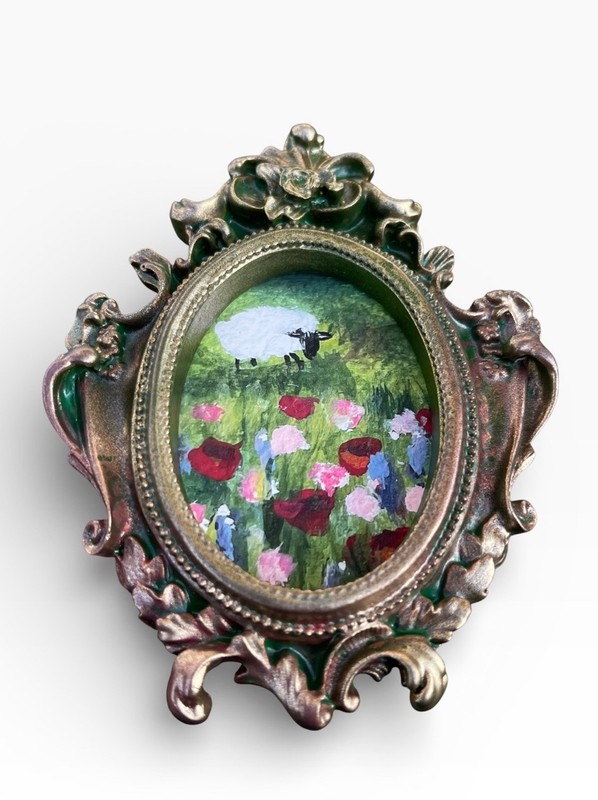 Sheep floral meadow landscape Giclee fine art print in mini vintage style frame gallery