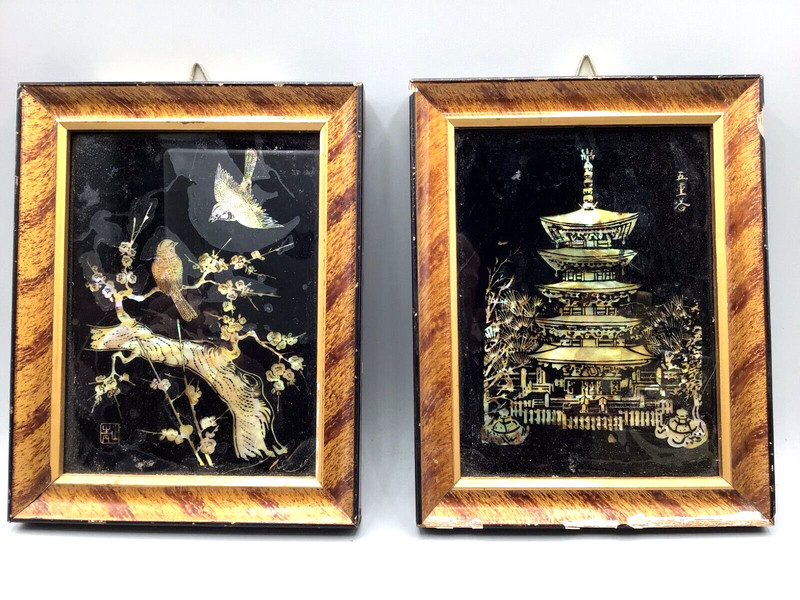 Pair of Framed Pictures made of Mother of Pearl 7 1/4″ x 5 3/4″ Pagoda / Birds &