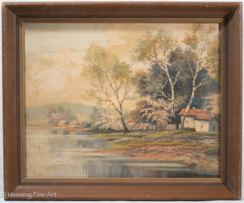 Vintage Paul Kujal Oil Painting European Landscape Lakeside Village 19.5×23.5″
