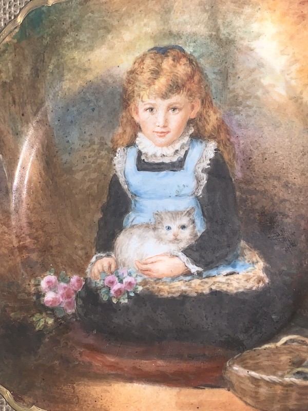 Antique Albin Denk Girl Kitty Cat & Pink Roses Hand Painted 8.5” Plate Signed