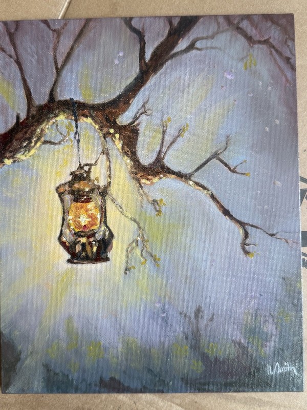 Lantern on tree fantasy original oil painting canvas panel Haileylikespaint 8×10