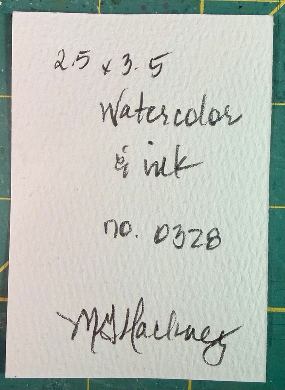 ACEO Painting by M. Hackney Botanical Flower Watercolor & Ink, Signed, 2.5x3.5 gallery