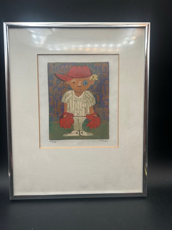 Vintage Modernist Al Robi Original Woodcut Baseball Boy Red Two Gloves Artwork