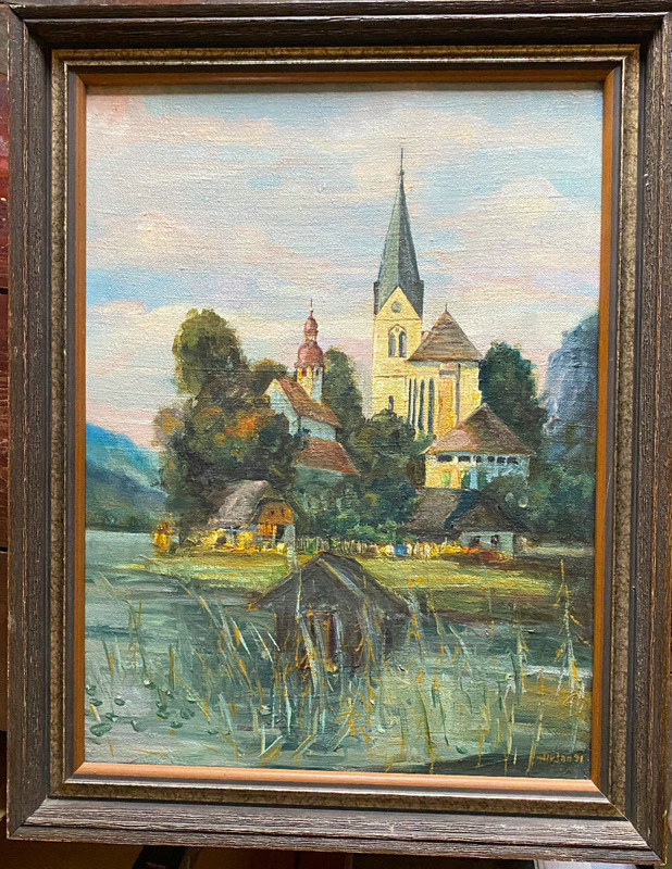 Oil Painting Undeutl. Sign 1991 River Landscape Before Village With Church Band
