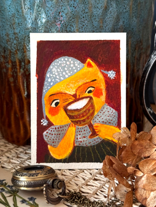 Original ACEO Painting Ginger Cat Medieval Art OOAK Series 6/10 #6 Goblet