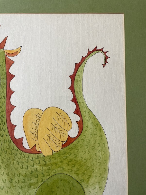 Puff The Magic Dragon Mid Century MISKO Willis Watercolor Ink Matted Framed J1 gallery