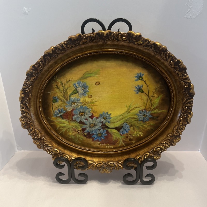 vintage oval floral still life painting signed by Pepina, dated 1978 Original