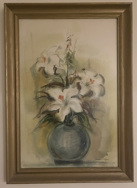 vintage original signed watercolor painting Corrine Kappes white Lillies framed