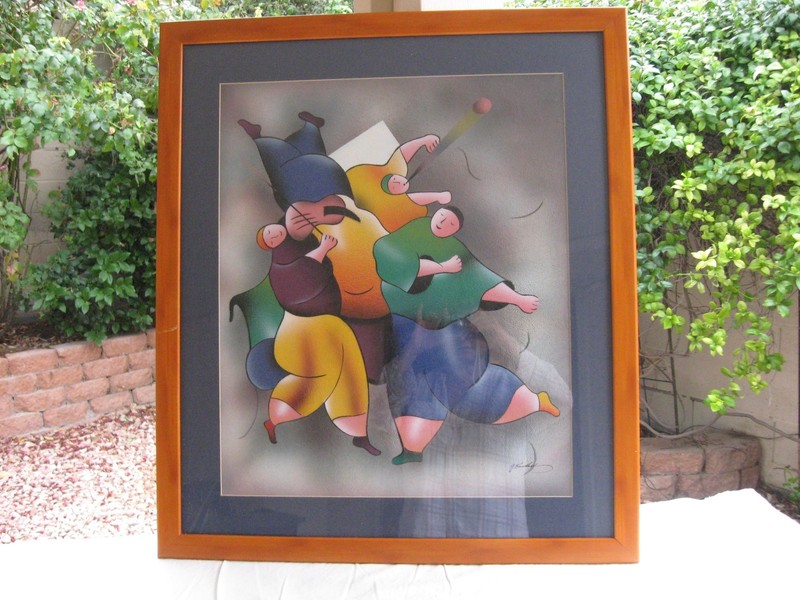 J. KENDALL SIGNED EXPRESSIONIST, ABSTRACT PAINTING «MUSICIANS&DANCER» FRAMED