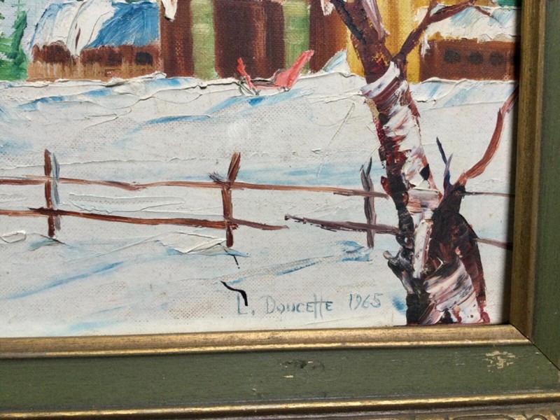 Vintage 1965 Primitive Grandma Moses Style winter oil painting by L Doucette gallery