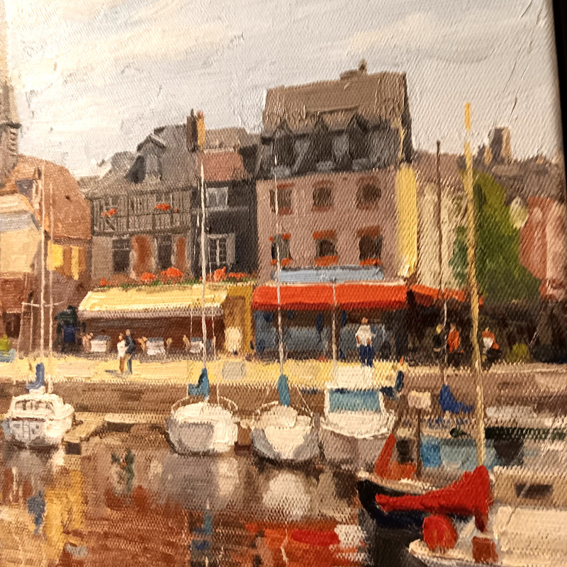 "HARBOR AT HONFLEUR, NORMANDY, FRANCE" Framed Oil Painting on Canvas. signed gallery