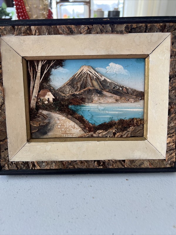VNT 3-D Art Collage Diorama Picture Painted Landscape Mountain Lake Bark Moss