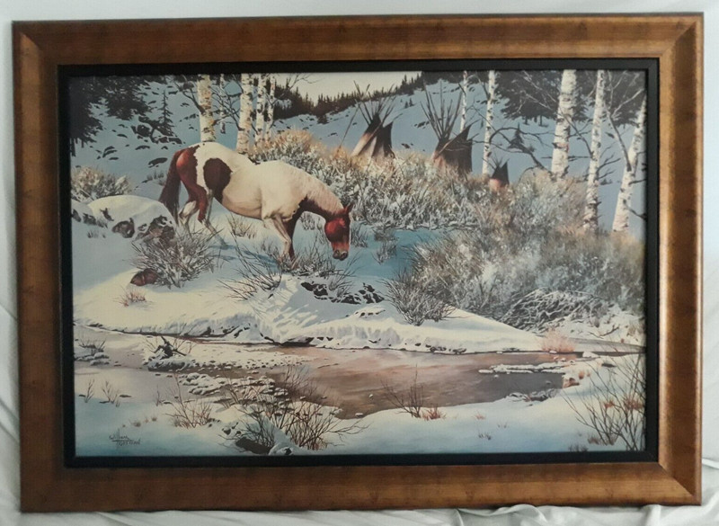 WILLIAM HOFFMAN Framed Canvas Mustang Horse in Snow with Tee Pee – MINT