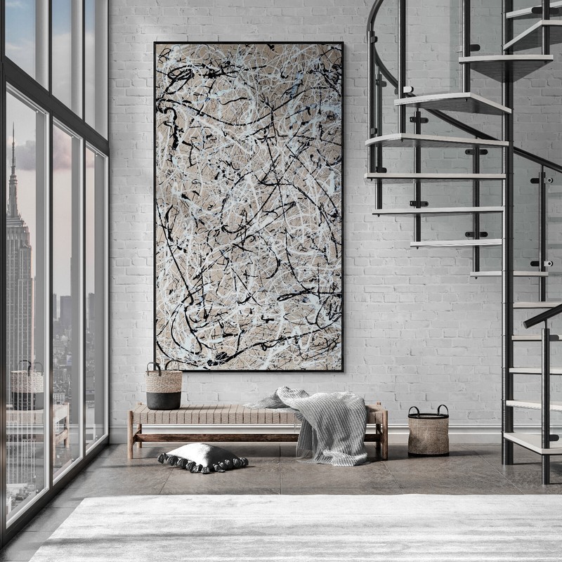 XL Neutral Abstract Painting Sand Black White Pollock Style Canvas Art gallery