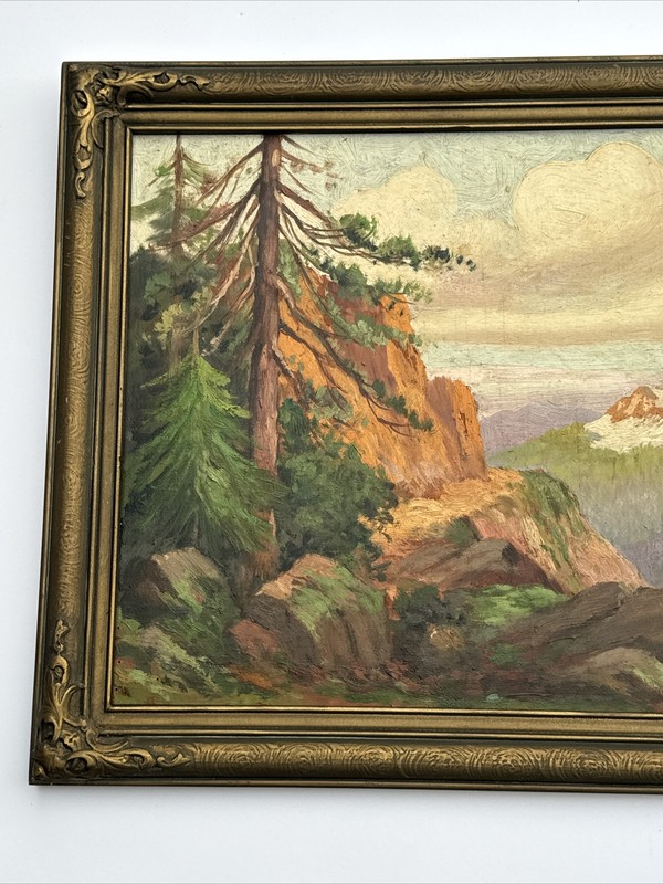 ANTIQUE EARLY AMERICAN PAINTING MOUNTAIN VIEW LANDSCAPE MASTERFUL MYSTERY OIL gallery