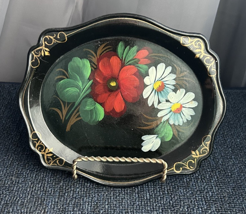 Russian Zhostovo Style Mini Tray, Hand Painted Red & White Floral Black Lacquer