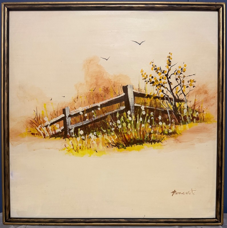 1970s Brent Framed Trade Works Oil on Canvas of a Fence in a Country Meadow