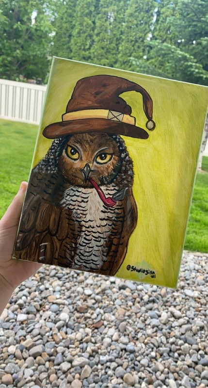 Whimsical Wizard Owl painting, Harry Potter inspired art, cute animals with hats gallery