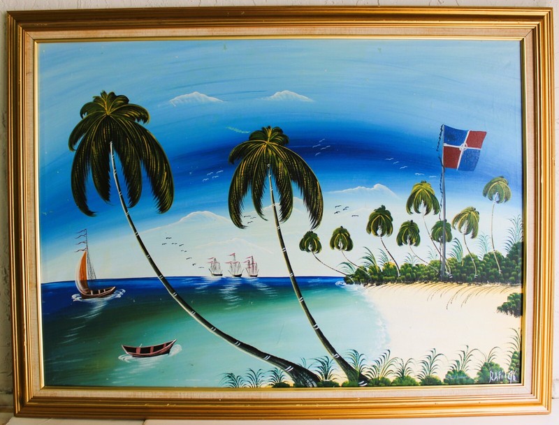 LARGE OIL PAINTING CANVAS SIGNED RAFI 1996 DOMINICAN ARTIST FOLK ART SAILBOATS