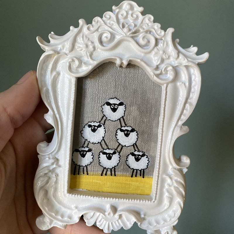 Funny Sheep Original Painting On Paper,4/5,framed,gold,miniature,small,mini,cute gallery