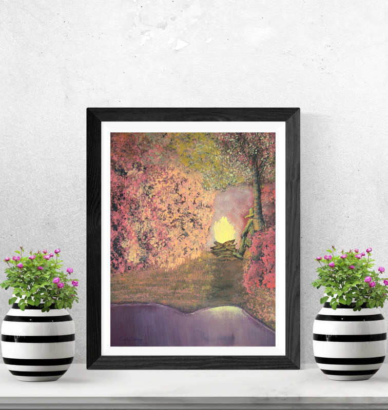 Painting Cowboy Original Bob Ross Style Signed Art Camp Fire Wall Carla Dancey