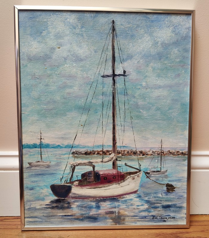 Vintage Sailboat Seascape Harbor Acrylic Painting Framed Silver 12″x15″