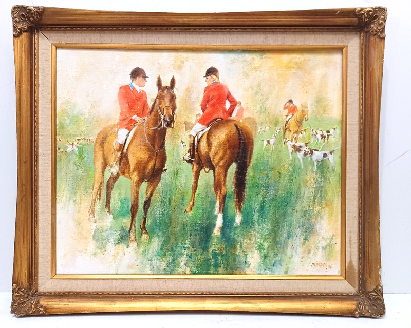 AMERICAN EQUINE ARTIST FRED MASON Sd OIL on CANVAS EQUESTRIAN FOX HUNTERS FRAMED